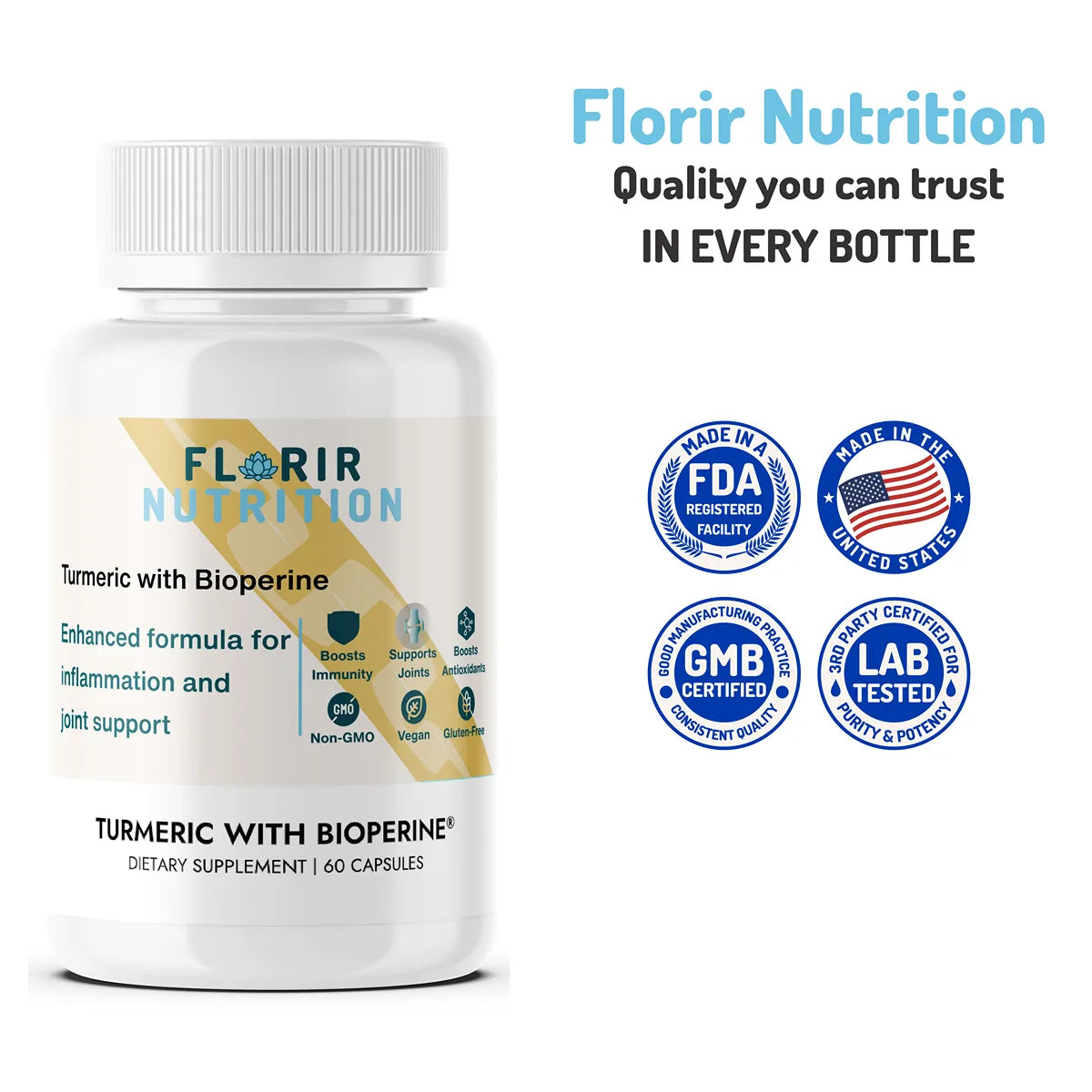 Premium Turmeric + BioPerine (Black Pepper Fruit Extract) Supplement (60 Capsules)