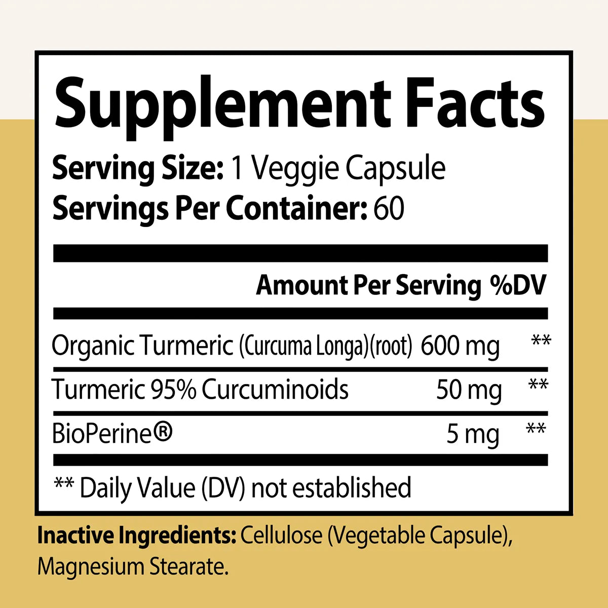 Premium Turmeric + BioPerine (Black Pepper Fruit Extract) Supplement (60 Capsules)